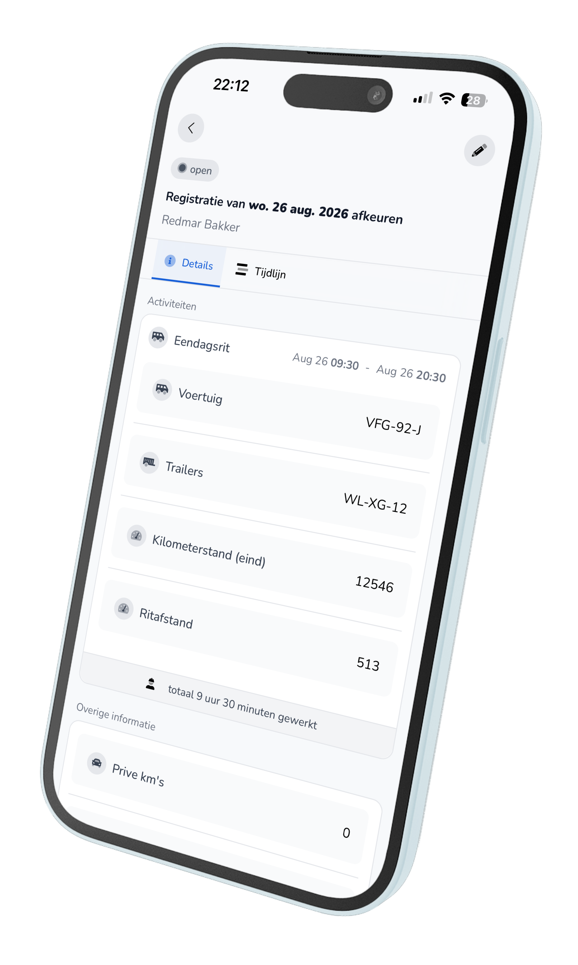 TransportKlok-app met voertuig- en trailerinformatie